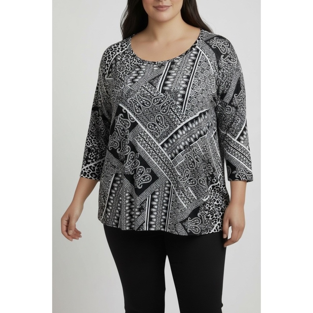 JM Collection Womens XL Black White Paisley Patchwork 3/4 Sleeve Tunic Blouse